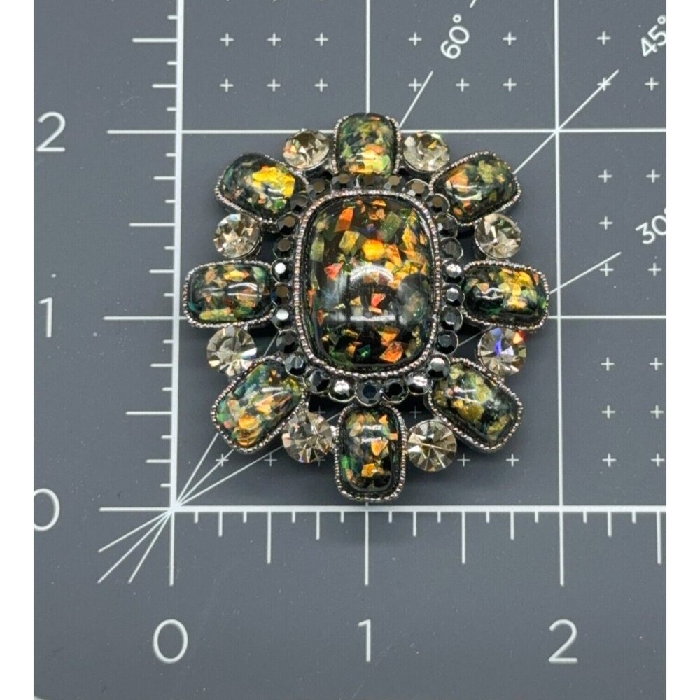 SNK Confetti Brooch Silver Tone Metallic Iridescent Green Gold Smoky Faceted 2" - Picture 8 of 8